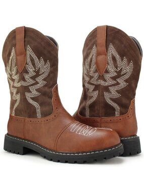 Women's Brown Mid Calf Western Cowboy Cowgirl Boot Round Toe Embroidered Boots